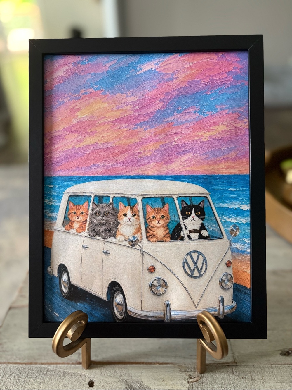Volkswagen Camper Van Framed 8x10 Art Print with Cats - Pastel Beach Scene
